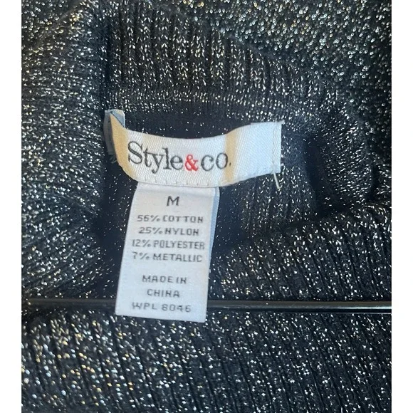 Style & Co Sz M Sweater Black Silver Gold Metallic Turtleneck Classic Party Top - Picture 5 of 7